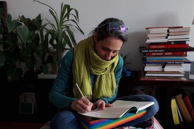 Nadia Mifsud writing under lockdown. Photo by Noëllie Mutschler.